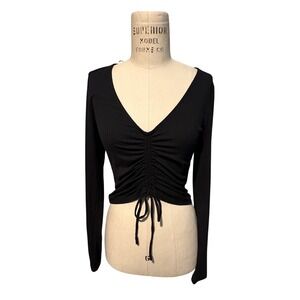 Black Ribbed Ruched Drawstring V Neck Long Sleeve Crop Top Y2K Going Out Party S